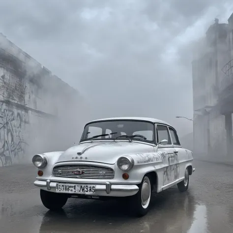 cinematic photo  <lora:SkodaFelicia-SDXL:1> <lora:Grit-SDXL:1> <lora:Cloudify-SDXL:1> (  front view:1.2), main focus (white graffiti paintwork car:1.3), grit, stains, dynamic view, cloudy sky, dusty road, volumetric lights, cinematic, mist, urban cyberpunk dystopian city,
 . 35mm photograph, film, bokeh, professional, 4k, highly detailed