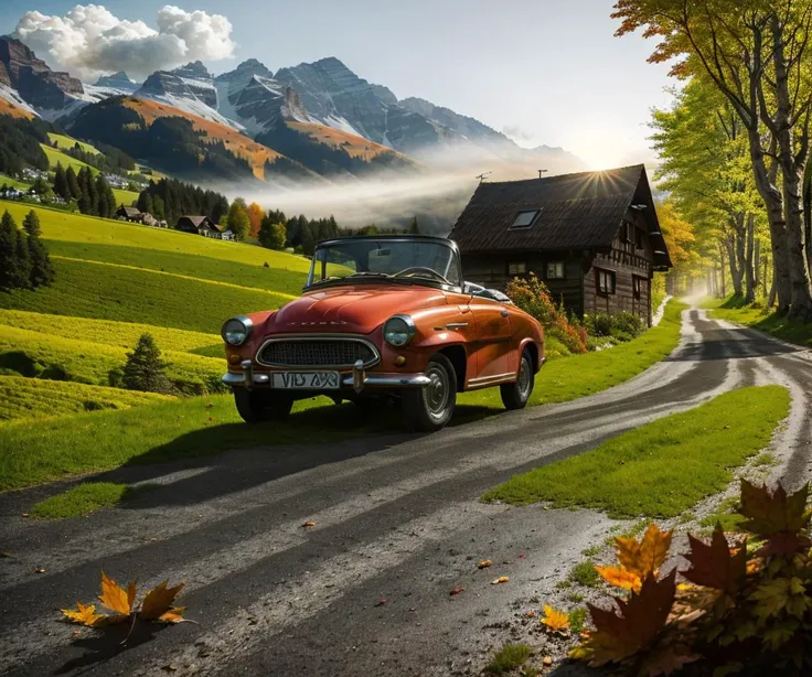 RAW photo, (bright red  cabrio car:1.1), view, rustical  village (wooden historical houses:1.1), mountain ridge, snowy, switzerland, autumn, blue sky, sunrise, falling leaves,  cracked wood trunks, volumetric lights, cinematic, mist
realistic, 8k uhd, dslr, cinematic lighting, high quality, film grain, Fujifilm XT3
<lyco:skoda-felicia-cabrio-loha:0.95>  <lora:entropy-alpha:.05>