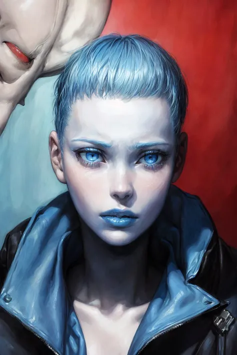 portrait of 1 woman, coat, pale skin, (blue eyes, blue short hair, blue lips), perspective,
( by Enki Bilal)
methurlant
high contrast, sun light
(masterpiece, best quality:1.3),realistic, hyper-realistic photorealistic
<lora:methurlant:1> <lora:add_detail:1> <lora:epiNoiseoffset_v2:1>