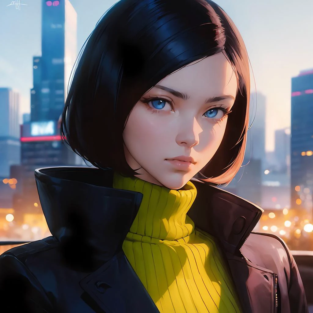 1 woman , turtle neck, coat, futuristic , city
(masterpiece, best quality, beautiful and aesthetic:1.2),
( digital painting by Drew Struzan, Ilya Kuvshinov,)