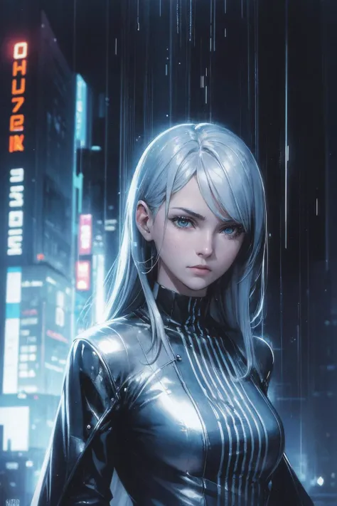 close-up shot of 1 mature woman,  sad,  silver dress, raining,  cyberpunk,  neon light, flying cars
(color ink sketch Jason Edmiston , John Berkey	   )