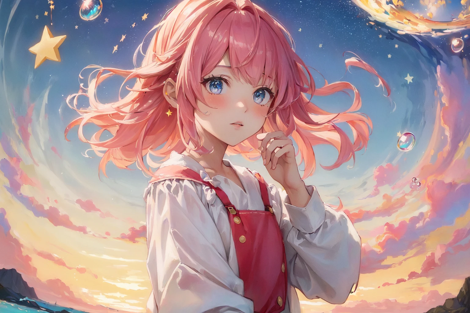 (high quality masterpiece:1.5), 1girl, pink hair, glitter, stars, bubble,
<lora:GoodHands-beta2:1>