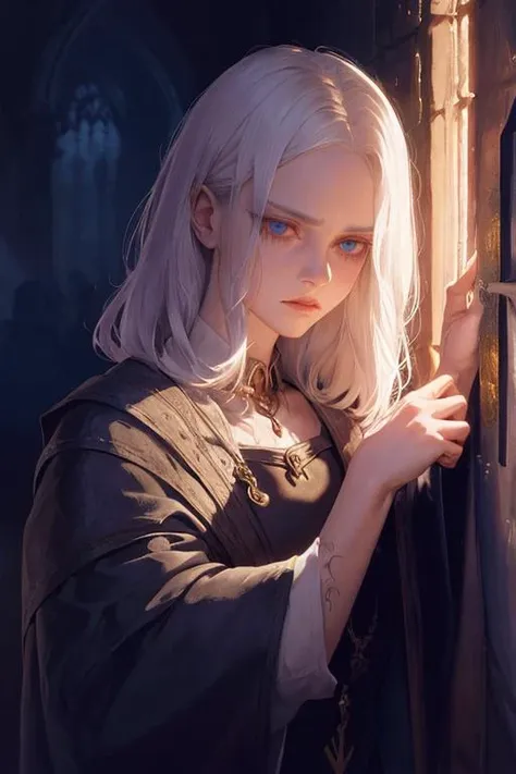 1 Caucasian female wizard, young,  silver hair, look at viewers, close up shot, 
summon demons
creepy, horrify scene, western, medieval, dark room, dim light,
 (Gerald Brom)
 muted color
best shadow, dramatic lighting
(  masterpiece,  ) (best quality)