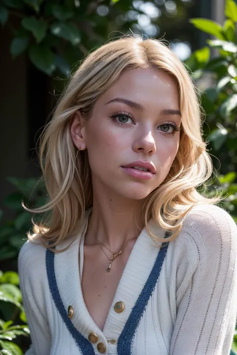 portrait of S244_AnnaAurelia,a gorgeous woman,in a (garden:1.1),wearing a (striped-sweater:1.1),(4k, RAW photo, best quality, depth of field, ultra high res:1.1),(absurdres, intricate, photorealistic, masterpiece, ultra-detailed:1.2),