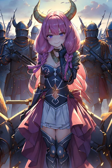 ((masterpiece)), ((best quality)), (perfect composition), (prefect anatomy), (perfect cooperation), prefect lighting, high-res, illustration, absurdres, 1girl, aura, pink hair, twin braids, multiple braids, purple-blue eyes, demon horns, necklace, small breasts, look at the viewer, gloves, navel cutout, skirt, thighhighs, blushing, embarrassed, enchanting expressionless, cowling, confident, happy weird smiling, (detailed face description), (detailed eyes description), outdoor, legs upshot, (((extremely detailed complex ancient heavy armor headless military formation at deep night on background, headless soldiers only))):3.8, advanced cg, amazing quality, octane rendering, happy face.
<lora:aura:0.8> <lora:add_detail:0.35> <lora:rainbow:0.35> <lora:SDXL Detail:1.5> <lyco:zsj-000010:0.65>