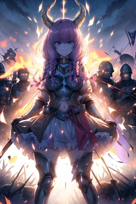 (Gray background), ((clean and clean)), ((masterpiece)), ((best quality)), (perfect composition), (prefect anatomy), (perfect cooperation), prefect lighting, high-res, illustration, absurdres, 1girl, aura, pink hair, twin braids, multiple braids, purple-blue eyes, demon horns, necklace, small breasts, look at the viewer, gloves, navel cutout, skirt, thighhighs, expressionless, confident, happy weird smiling, murderous eyes, grin, squinting eyes, real hand, (detailed face description), (detailed eyes description), outdoor, legs up shot, (((extremely detailed complex ancient heavy armor headless military formation at deep night on background, headless soldiers only))):3.8, advanced cg, amazing quality, octane rendering, (one hand holding an empty helmet):2.8, (((sleepiness eyes))).
<lora:aura:0.8> <lora:add_detail:0.35> <lora:rainbow:0.35> <lora:SDXL Detail:1.5> <lyco:zsj-000010:0.65>