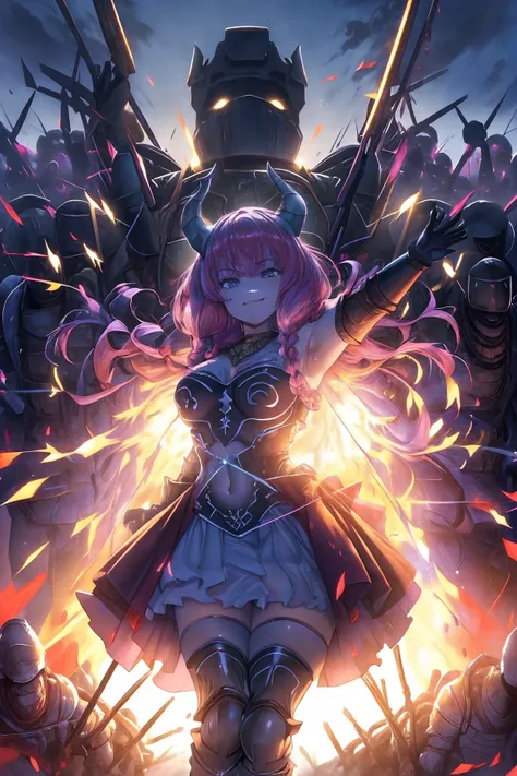 ((masterpiece)), ((best quality)), (perfect composition), (prefect anatomy), (perfect cooperation), prefect lighting, high-res, illustration, absurdres, 1girl, aura, pink hair, twin braids, multiple braids, purple-blue eyes, demon horns, necklace, small breasts, look at the viewer, gloves, navel cutout, skirt, thighhighs, expressionless, confident, happy weird smiling, murderous eyes, grin, squinting eyes, real hand, (detailed face description), (detailed eyes description), outdoor, legs up shot, (((extremely detailed complex ancient heavy armor headless military formation at deep night on background, headless soldiers only))):3.8, advanced cg, amazing quality, octane rendering.
<lora:aura:0.8> <lora:add_detail:0.35> <lora:rainbow:0.35> <lora:SDXL Detail:1.5> <lyco:zsj-000010:0.65>