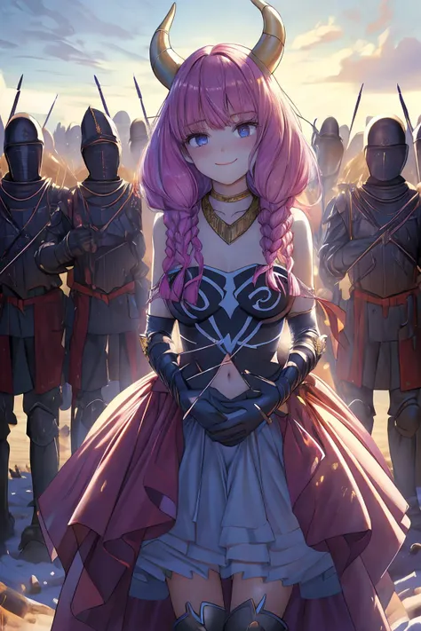 ((masterpiece)), ((best quality)), (perfect composition), (prefect anatomy), (perfect cooperation), prefect lighting, high-res, illustration, absurdres, 1girl, aura, pink hair, twin braids, multiple braids, purple-blue eyes, demon horns, necklace, small breasts, look at the viewer, gloves, (navel cutout), skirt, thighhighs, blushing, embarrassed, enchanting expressionless, cowling, confident, happy weird smiling, (detailed face description), (detailed eyes description), outdoor, legs upshot, (((extremely detailed complex ancient heavy armor headless military formation at deep night on background, headless soldiers only))):3.8, advanced cg, amazing quality, octane rendering, ((bare shoulder)).
<lora:aura:0.8> <lora:add_detail:0.35> <lora:rainbow:0.35> <lora:SDXL Detail:1.5> <lyco:zsj-000010:0.65>