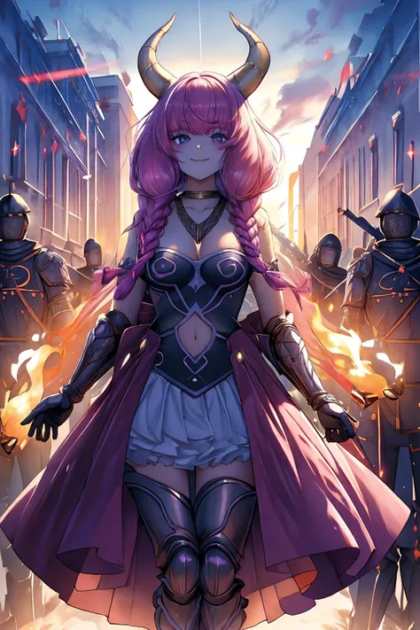 ((masterpiece)), ((best quality)), (perfect composition), (prefect anatomy), (perfect cooperation), prefect lighting, high-res, illustration, absurdres, 1girl, aura, holding scale, scale, pink hair, twin braids, multiple braids, purple-blue eyes, demon horns, necklace, small breasts, cleavage, bare shoulders, look at the viewer, gloves, navel cutout, skirt, thighhighs, blushing, embarrassed, enchanting expressionless, cowling, confident, happy weird smiling, (detailed face description), (detailed eyes description), outdoor, legs upshot, (((extremely detailed complex ancient heavy armor headless military formation at deep night on background, headless soldiers only))):3.8, advanced cg, amazing quality, octane rendering, fire.
<lora:aura:0.8> <lora:add_detail:0.35> <lora:rainbow:0.35> <lora:SDXL Detail:1.5> <lyco:zsj-000010:0.65>