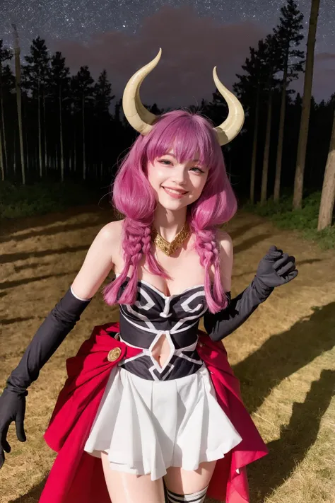 masterpiece, best quality, 8K,realistic, (photoshop \(medium\):1.2),night,forest, 18yo,
<lora:aura:1>,1girl,horns,pink hair,long hair,twin braids,purple eyes, necklace, cleavage, bare shoulders, gloves,navel cutout, skirt,thighhighs,grin,cowboy shot,