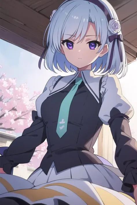 henriettemystere, <lyco:henriettemystere-lyco-nochekaiser:1>,
henriette mystere, short hair, blue hair, (purple eyes:1.1),
BREAK dress, flower, hairband, necktie, black dress, school uniform, collar, juliet sleeves, long slleeves, frills, white skirt,
BREAK looking at viewer,
BREAK outdoors,
BREAK <lyco:GoodHands-beta2:1>, (masterpiece:1.2), best quality, high resolution, unity 8k wallpaper, (illustration:0.8), (beautiful detailed eyes:1.6), extremely detailed face, perfect lighting, extremely detailed CG, (perfect hands, perfect anatomy),