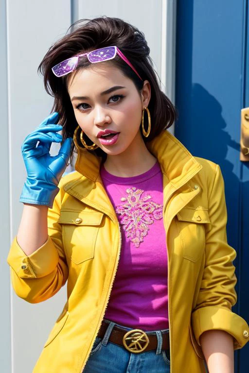 photo realistic, full color, (OverallDetail:1.1), (jubilee, exquisitely cute girl), (jubilee, short black hair, brown eyes), (jubJak, denim shorts , open yellow jacket, purple shades on head, hoop earrings ,((blue gloves)), pink shirt, ((blue boots))), (clear eyes:1,1), (closed mouth, chewing bubble gum):1.3, (sparkles):1.23, <lora:jubilee2-10:0.6>