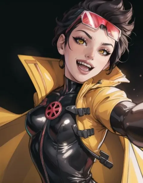 beautiful, (masterpiece:1.2), (best quality:1.2), 1girl, jubilee, black bodysuit, yellow raincoat, vampire teeth, open mouth, smile, evil eyes, <lora:jubilee2-10:0.7>, foreshortening, depth,