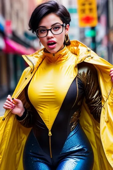 photo realistic, full color, (OverallDetail:1.1), (jubilee, exquisitely cute girl), (black spandex high neck bodysuit and long pants, yellow color open front raincoat, eyewear on head), (clear eyes:1,1), (closed mouth, chewing gum):1.3, (sparkles):1.23, <lora:jubilee-10v3:0.65>