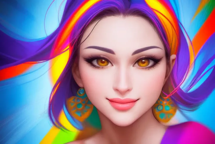 focal points on attractive face, sly grin that reaches eyes, eyes gleaming with joy, 1woman, vivid colors, complex patterns, motion, action, leading lines, visual cues, rule of thirds