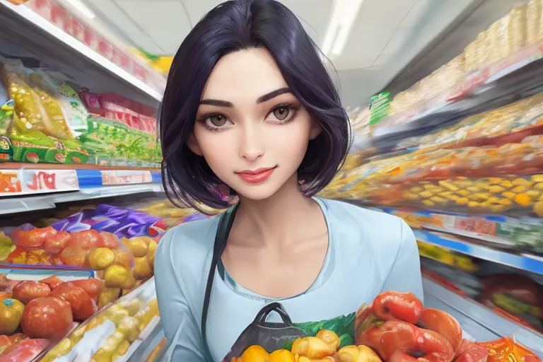 woman shopping at crowded supermarket