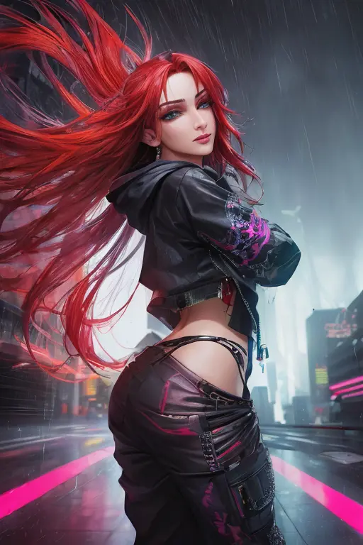 best quality, masterpiece, cinematic, realistic, cyberpunk, cyberpunk city, neon, volumetric lighting, black sky, (raining, thunderstorm), 1girl, (cyberpunk clothing, hoodie, pants, punk clothes), (flowing red hair), water reflecting off ground, from behind, ((hidden face)),