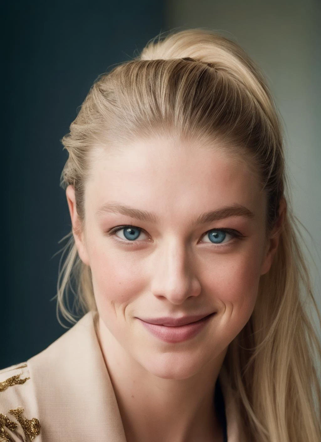 close portrait of 1girl HunterSchafer, long hair, smile, blue eyes, blonde hair, ponytail, looking at viewer, highly detailed, film grain, vogue photoshoot, 35mm photograph, professional, 4k, highly detailed, <lora:quickfix:0.8> <lora:HunterSchafer:0.65>