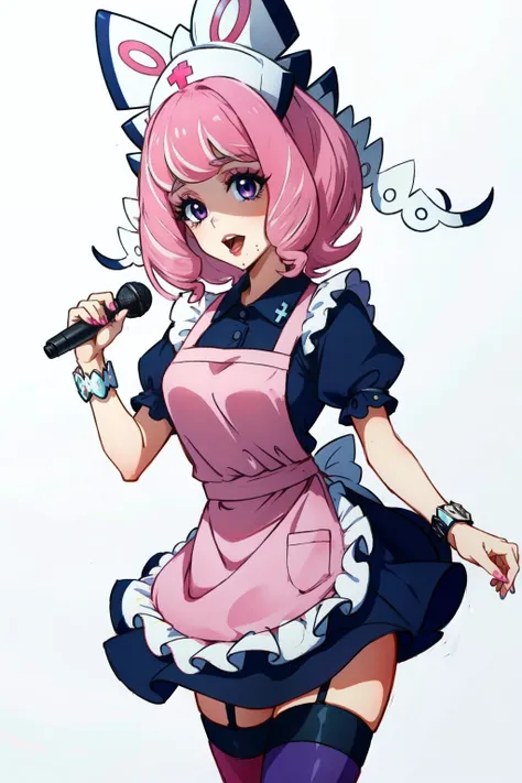 <lora:klara_pokemon-08:1>klara(pokemon), open mouth, nail polish, short sleeves, mole, puffy sleeves, white thighhighs, 1girl, nurse, medium hair, nurse cap, hat, pink hair, holding, tongue, pink dress, eyeshadow, dress, simple background, solo, eyelashes, makeup, white apron, collared dress, pink eyeshadow, apron, purple eyes, mole under mouth, hands up, white background, thighhighs, microphone, holding microphone, pink nails