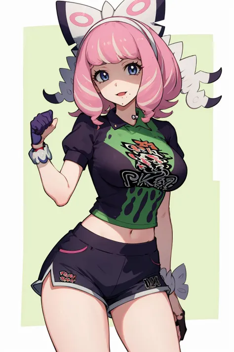 klara(pokemon), looking at viewer, mole, collared shirt, 1girl, pink lips, large breasts, pink hair, smile, hairband, eyeshadow, makeup, solo, dynamax band, pink eyeshadow, mole under mouth, shirt, shorts, single glove, outline, bow, hand up , (pokemon gym background:1.2), <lora:klara_pokemon:1>, cowboy shot,