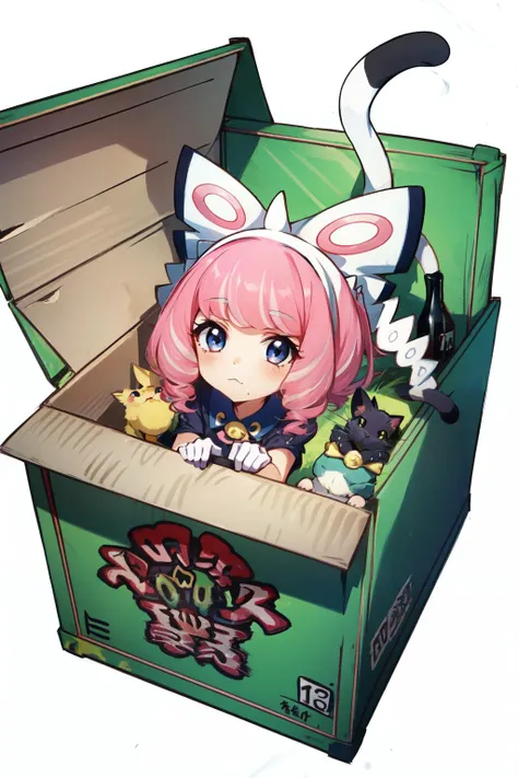 <lora:klara_pokemon-08:1>klara(pokemon), in container, looking at viewer, mole, grass, box, 1girl, tail, cat tail, pink hair, closed mouth, in box, solo, gloves, chibi, white gloves, mole under mouth, white background, cardboard box,