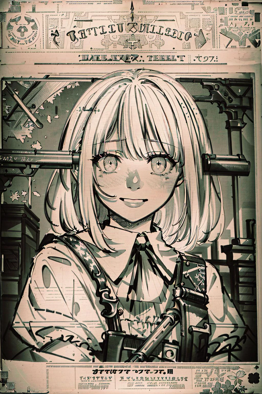 Highly detailed, High Quality, Masterpiece, beautiful, sharp focus, shiny skin, best quality, perfect anatomy:1.4, high detailed, 8k, highres, lineart, sketch, (masterpiece:1.4), (highest quality:1.4), (sharp focus:1.2), (colored:1.3), (digital painting:1.1), 8k wallpaper, (tight gap:1.2), (detailed face and eyes:1.15), (1girl, solo:1.4), female focus, looking at viewer, (npzw, text, sepia, monochrome:1.3), <lora:Style_OldNewspaper:1.2>, portrait, tokisaki kurumi, ribbon, astral dress, <lora:Char_DateALife_TokisakiKurumi:0.5>, (gun, gun to head, holding gun, weapon, holding weapon:1.3), <lora:Pos_Gun2Head:0.9>, crazy face, crazy eyes, crazy smile, small pupils, <lora:Expression_Crazy:0.8>