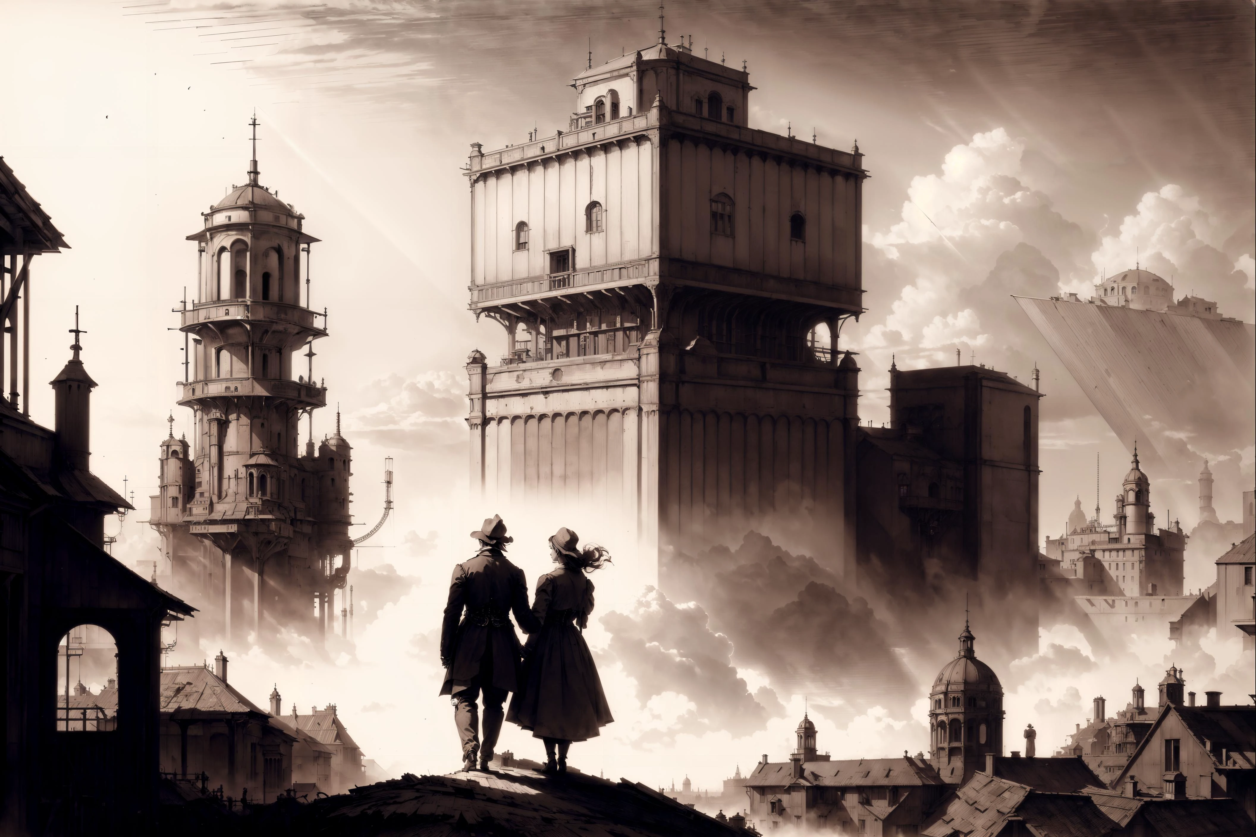 <lora:DaVinciTech-25:0.8> davincitech, (1850:1.2), steampunk, <lora:npzw-05:0.3> (masterpiece, best quality, realistic, detailed, crisp:1.2), (sepia, monochrome:1.1), npzw, (old photograph), building , cityscape, photo, cloud, sunray, (couple holding hands), by leonardo da vinci