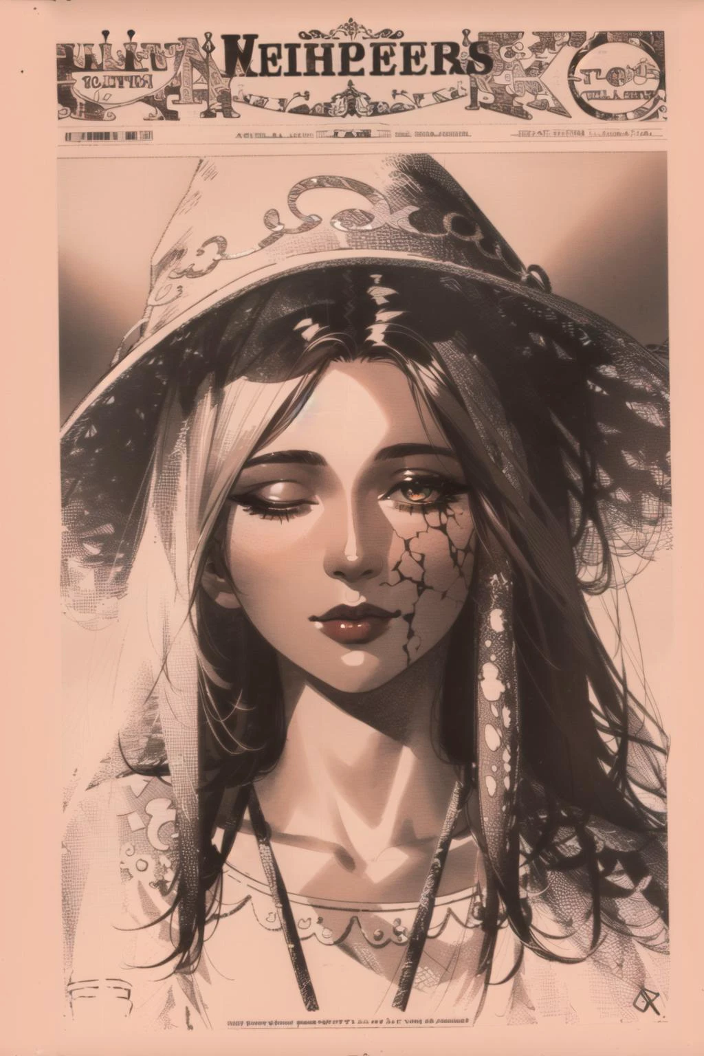 Highly detailed, High Quality, Masterpiece, beautiful, sharp focus, shiny skin, best quality, perfect anatomy:1.4, high detailed, 8k, highres, lineart, sketch, (masterpiece:1.4), (highest quality:1.4), (sharp focus:1.2), (colored:1.3), (digital painting:1.1), 8k wallpaper, (tight gap:1.2), (detailed face and eyes:1.15), (1girl, solo:1.4), female focus, looking at viewer, (npzw, text, sepia, monochrome:1.3), <lora:Style_OldNewspaper:1.2>, close-up, Ranni, (cracked skin), long hair, one eye closed, wearing dress, witch hat, smile, <lora:Char_EldenRing_Ranni:0.6>
