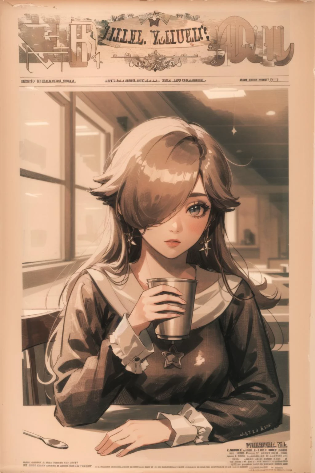 Highly detailed, High Quality, Masterpiece, beautiful, sharp focus, shiny skin, best quality, perfect anatomy:1.4, high detailed, 8k, highres, lineart, sketch, (masterpiece:1.4), (highest quality:1.4), (sharp focus:1.2), (colored:1.3), (digital painting:1.1), 8k wallpaper, (tight gap:1.2), (detailed face and eyes:1.15), (1girl, solo:1.4), female focus, looking at viewer, (npzw, text, sepia, monochrome:1.3), <lora:Style_OldNewspaper:1.2>, cowboy shot, food, simple background, elbows on table, cup, blurry background, indoors, upper body, <lora:Pos_AcrossTable:1>, crown, dress, hair over one eye, <lora:Char_MarioSeries_Rosalina:1>
