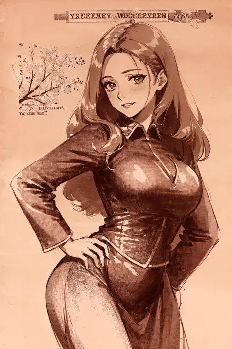Highly detailed, High Quality, Masterpiece, beautiful, (1girl:1.4), beautiful tkd_woman, perfect tkd_face, perfect tkd_body, <lora:Doll_Turkish:0.75>, excited, smile, blush, npzw, (text, monochrome, sepia:1.3), <lora:Style_OldNewspaper:1.2>, cowboy shot, jacket, hand on hip,