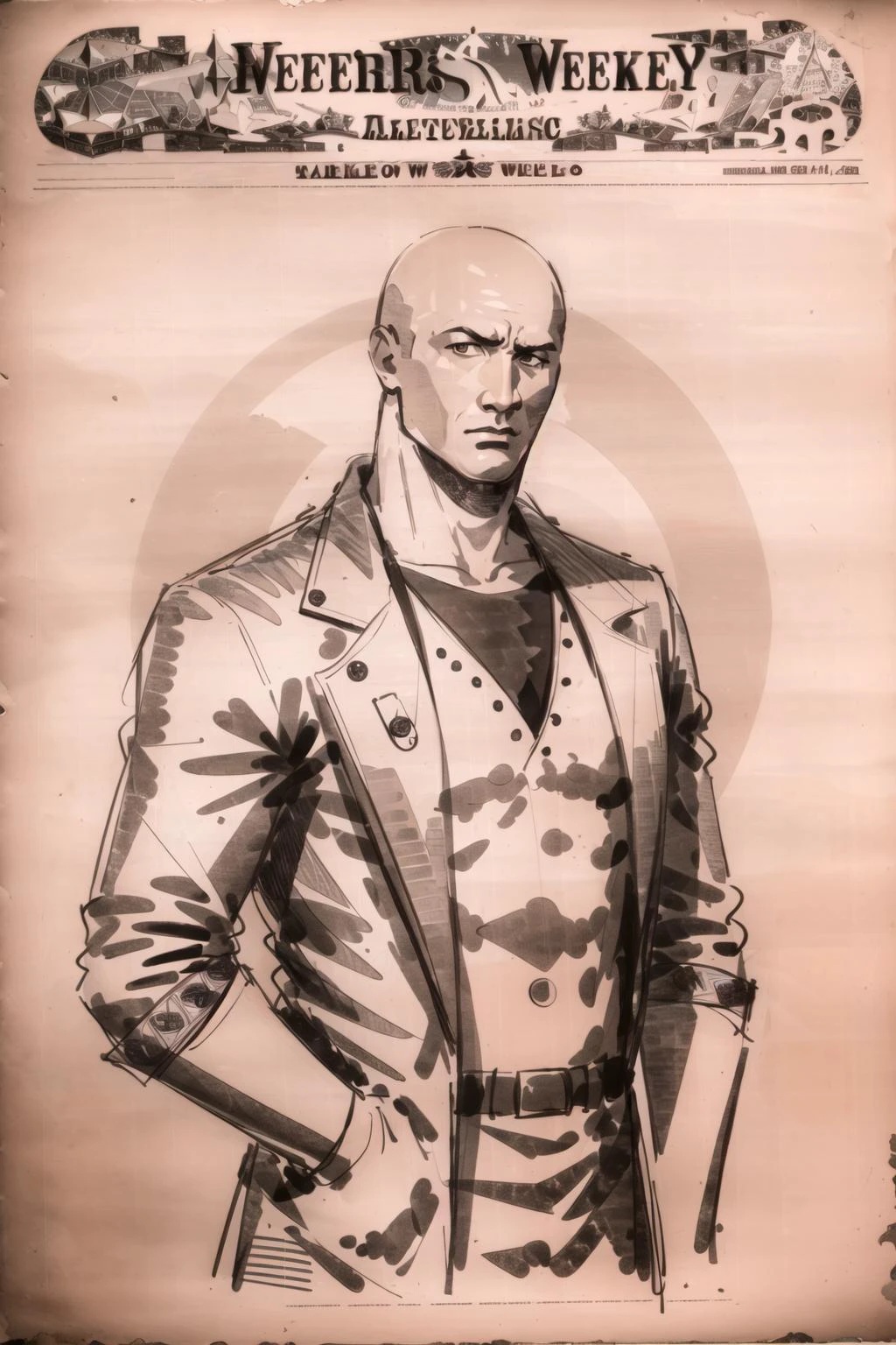 Highly detailed, High Quality, Masterpiece, beautiful, sharp focus, shiny skin, best quality, perfect anatomy:1.4, high detailed, 8k, highres, lineart, sketch, (masterpiece:1.4), (highest quality:1.4), (sharp focus:1.2), (colored:1.3), (digital painting:1.1), 8k wallpaper, (tight gap:1.2), (detailed face and eyes:1.15), (1boy, solo:1.4), female focus, looking at viewer, (npzw, text, sepia, monochrome:1.3), <lora:Style_OldNewspaper:1.2>, cowboy shot, th3r0ck, <lora:Char_Sigmas_Dwayne:0.9>, (doctor:1.1), muscular, serious look, doctors coat, abs, bald
