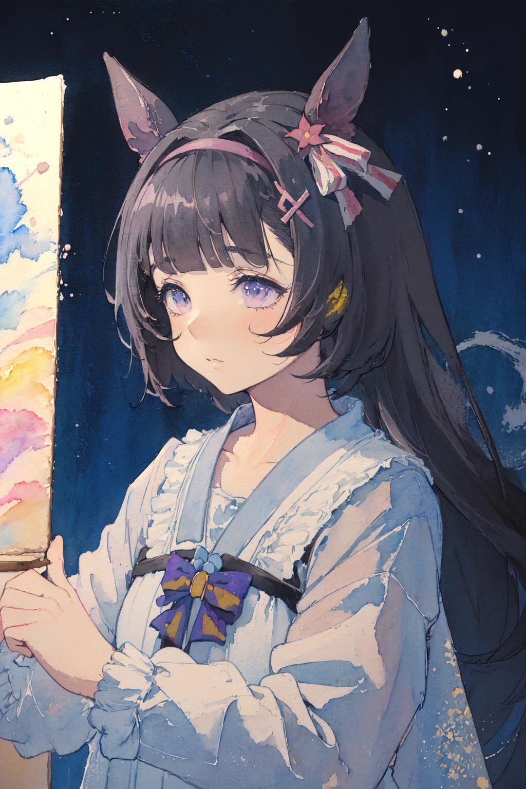 (moist paper,deep watercolor style,comfort,pastel painting illustration,concise,watercolor rendering,natural rendering,pigments mix naturally:1.3),
(black theme,night sky theme,:1.3),(moon:1.3),
<lora:nishino_flower_locon_0.99:0.8> (nishino flower \(umamusume\):1.3) <lora:npzw-05:0.4> npzw, npzw, (text), monochrome, npzw, (text), sepia