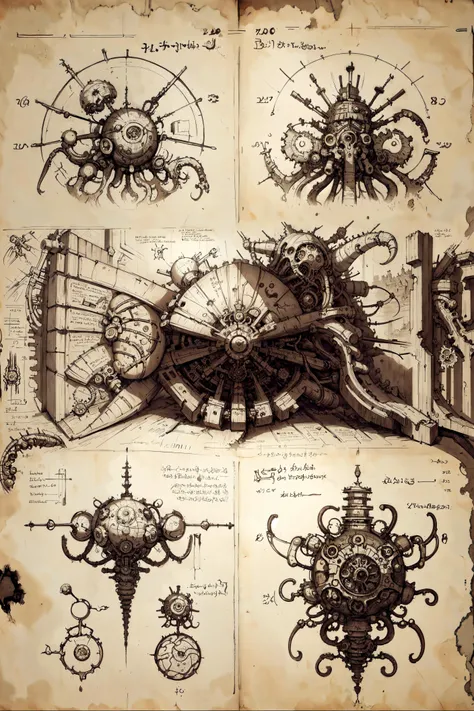 <lora:DaVinciTech-25:0.8> davincitech, scifi, <lora:npzw-05:0.6> (masterpiece, best quality, realistic, detailed, crisp:1.2), (sepia, monochrome:1.1), npzw, (text, paragraph:1.2), <lora:Necronomicon-10:0.4> Necronomicon Sketch, (old page, mycology book, catalogue, schematics, diagrams), multiple views, heavy shadows, by leonardo da vinci