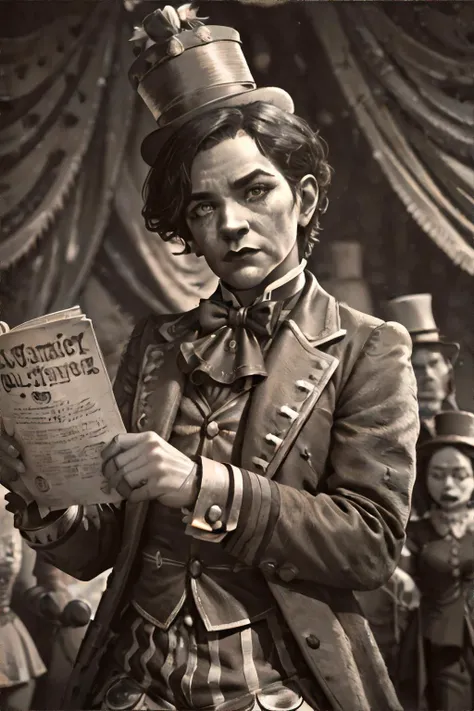 <lora:oldnewspaper:1.0>, npzw, (text), sepia, circus ringleader || <lora:oldnewspaper:1.0>, masterpiece, perfect quality, sharp focus, shallow depth of field, 8k
