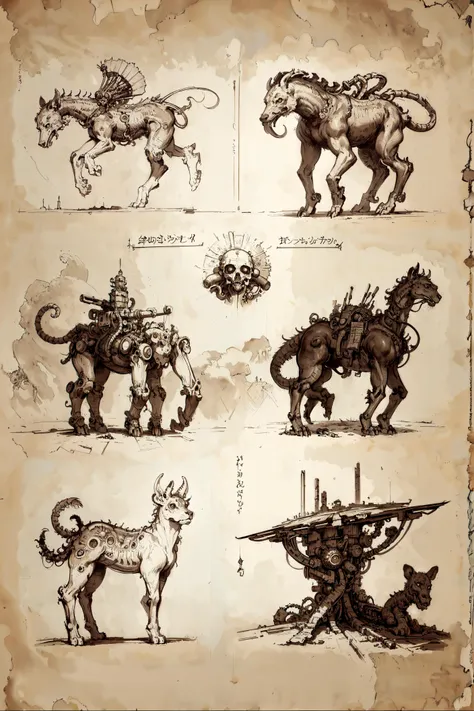<lora:DaVinciTech-25:0.8> davincitech, scifi, <lora:npzw-05:0.6> (masterpiece, best quality, realistic, detailed, crisp:1.2), (sepia, monochrome:1.1), npzw, (text), <lora:Necronomicon-10:0.4> Necronomicon Sketch, (page of an old book, multiple views, comic, evolution of (animals:1.1)), heavy shadows, by leonardo da vinci