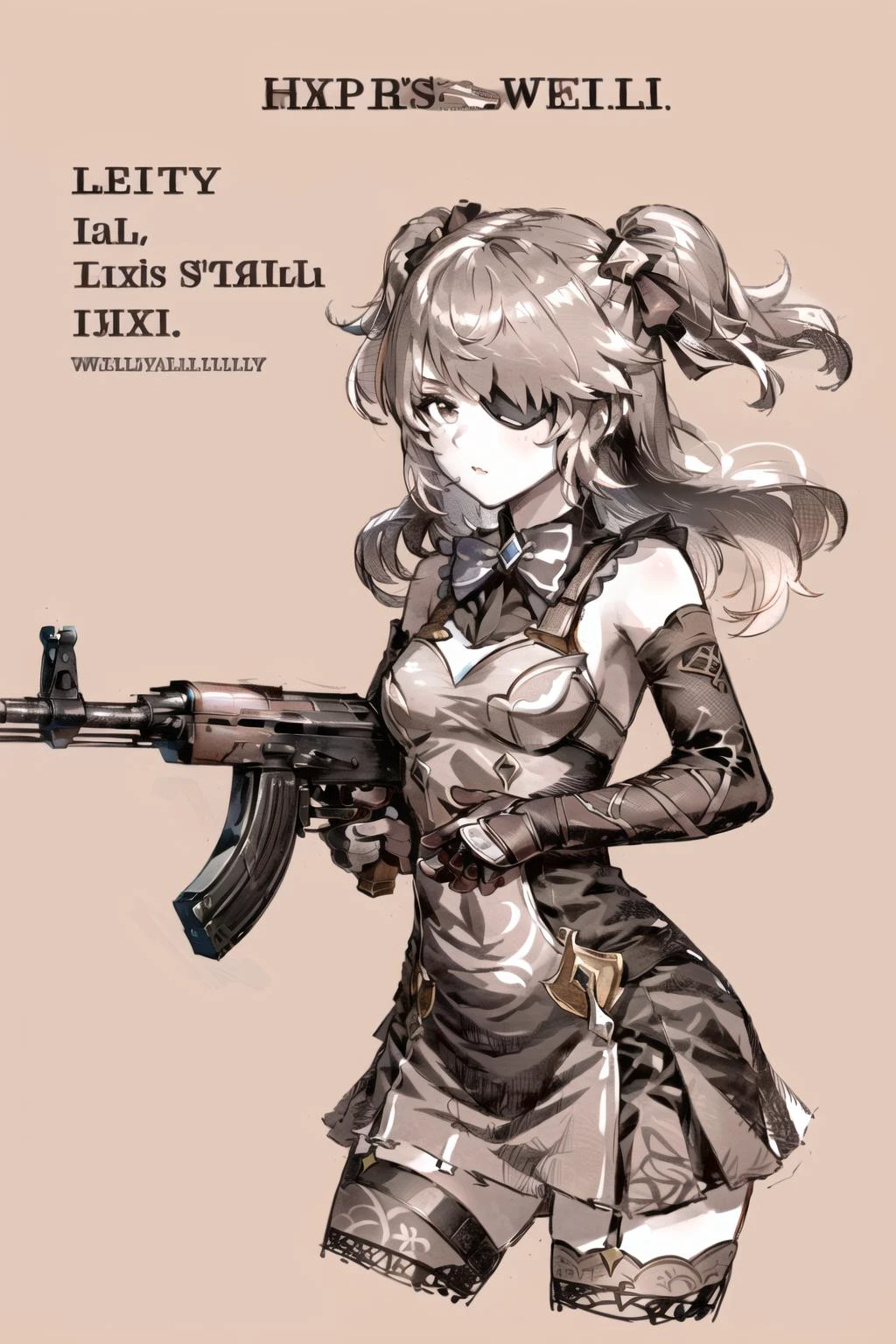 Highly detailed, High Quality, Masterpiece, beautiful, sharp focus, shiny skin, best quality, perfect anatomy:1.4, high detailed, 8k, highres, lineart, sketch, (masterpiece:1.4), (highest quality:1.4), (sharp focus:1.2), (colored:1.3), (digital painting:1.1), 8k wallpaper, (tight gap:1.2), (detailed face and eyes:1.15), (1girl, solo:1.4), female focus, looking at viewer, (npzw, text, sepia, monochrome:1.3), <lora:Style_OldNewspaper:1.2>, cowboy shot, fischl \(genshin impact\), eyepatch, bow, gloves, breasts, bowtie, bangs, ribbon, fishnets, bodystocking, long hair, two side up, hair ribbon, bare shoulders, detached sleeves, hair over one eye, elbow gloves, <lora:Char_GenshinImpact_Fischl:0.6>, (holding weapon, aiming at viewer, assault_rifle, left view:1.2), ak-47, akm, kalashnikov_rifle, open fire, firing, standing, <lora:Weapon_AK47:0.9>