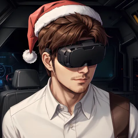 anime, cinematic, <lora:more_details:0.5>, <lora:gundam personnel:0.4>, middle aged man, short brown hair, stubble, engineer, white shirt, rolled up sleeves, wearing vr headset, cockpit view, santa hat