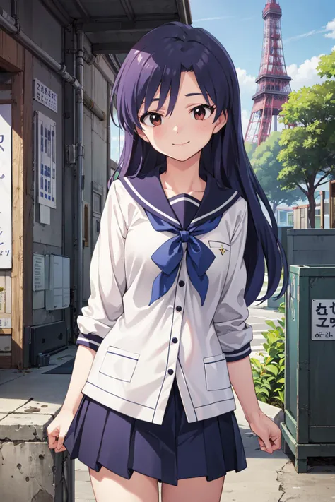 ((masterpiece)), (best quality), official art, extremely detailed CG, unity 8k wallpaper, ultra detailed,
1girl, chihaya kisaragi, school uniform, Balancing with one foot raised behind, naughty smile,
cowboy shot, outdoors, tokyo tower, blue sky,
<lora:chihaya-idolmaster:0.8>
