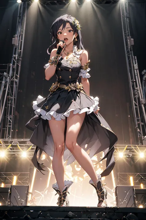 ((masterpiece)), (best quality), official art, extremely detailed CG, unity 8k wallpaper, ultra detailed,
1girl, chihaya kisaragi, stage, idol, bare shoulders, necklace, open mouth,  singing, stage, spotlight, 
full body,
 <lora:chihaya-idolmaster:0.8>