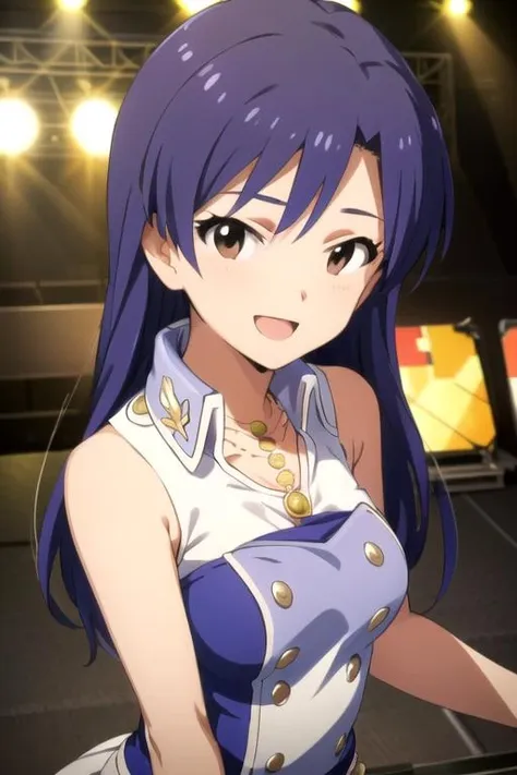 (((pixel-perfect, detail-perfect))), solo, 1girl, <lora:chihaya-idolmaster:0.8>, chihaya kisaragi, stage, idol, bare shoulders, necklace, looking at viewer, :d, smile