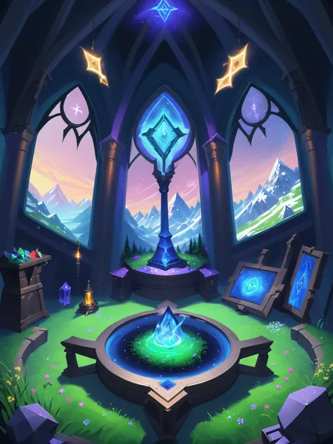 digital painting, arcane, brightly lit interior, in a Alpine meadow<lora:EnvyArcaneXL01:1>