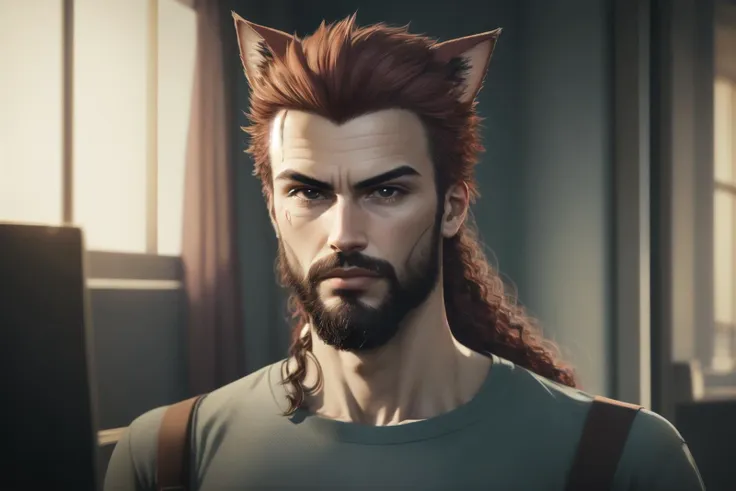 <lora:oldSchoolMangaWIP_1:1> (masterpiece, absurdres, best quality, ultra-detailed, highres), perfect face, sidelighting, lustrous skin,(bloom), (shine), lighting, ray tracing, sci-fi, solo, 1boy, male focus, facial hair, solo, stubble, cat ears,  (red iris), shirt,  beard, red hair, tree, red eyes, lips,depth_of_field,very detailed background, highly detailed background, Masterpiece, Ultra detailed, great composition, extremely delicate and beautiful,(Highest picture quality), (Master's work),   depth of field, solo, extreme light and shadow, masterpiece, rich in detail, (fine features), (highest quality), (masterpiece), (detailed eyes), (beautiful) detailed,beautiful detailed eyes,(straight-on),cyberpunk:1, (extremely detailed CG unity 8k wallpaper),(masterpiece), (best quality), (ultra-detailed), (best illustration),(best shadow),perfect lighting , perfect anatomy , vivid colors,