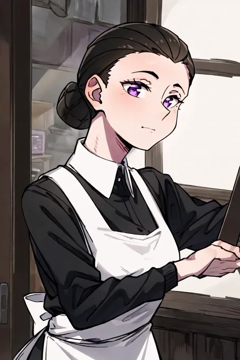 highres, sharp focus, pixiv masterpiece, ((intricate details)), highly detailed, 1girl, mature, black hair, single hair bun, purple eyes, apron, hair bun, brown hair, maid, <lora:Isabella:0.7>, <lora:thickline_fp16:1>