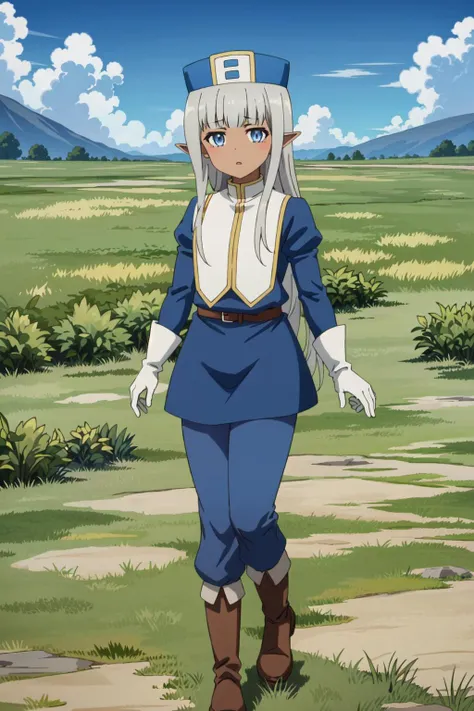 best quality,masterpiece,highreswalking,solo,(grass:1.3),1girl,standing,<lyco:卡拉locon:0.8>,baimao, solo, 1girl, gloves, boots, full body, hat, pants, looking at viewer, v, blush, v over eye, blue headwear, parted lips