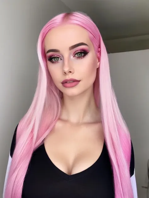 LBurch, looking at viewer, shirt, upper body, pink hair, pink shirt, <lora:LBurch:0.85>