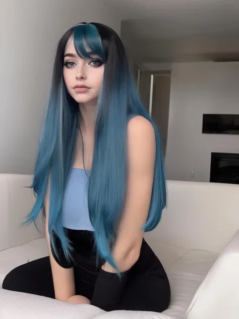 (masterpiece:1.2, best quality), (solo:1.33, 1 girl:1.21), (Beautiful), LBurch, looking at viewer, pants, black hair, modest shirt, sitting, blue hair, multicolored hair, two-tone hair, couch, <lora:LBurch:0.85>