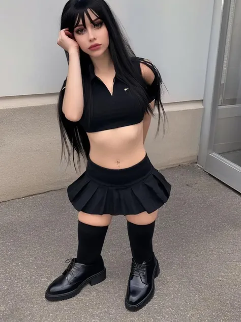 (masterpiece:1.2, best quality), (solo:1.33, 1 girl:1.21), (Beautiful, parted lips, Perfect Body), LBurch, skirt, modest shirt, black hair, thighhighs, shoes,  <lora:LBurch:0.85>