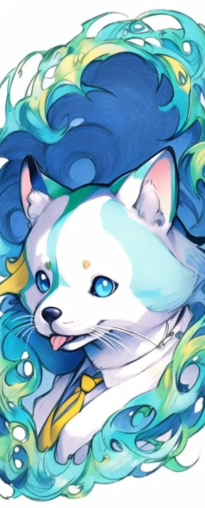 Colored pencil drawing, dog, white,golden, blue green,simple background, dog, animalization, traditional media, animal, tongue out, solo, cat, tongue, clothed animal, colored sclera, animal focus, artist name, looking at viewer, blue hair, upper body, jewelry, blue eyes, necktie, multicolored hair <lora:mit-000006:1>