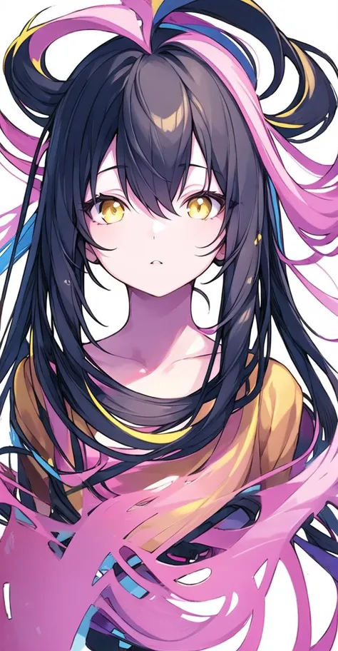 1girl, pink,blue,purple,golden,yellow, long hair, white background, looking at viewer, simple background, black hair, yellow eyes, multicolored hair, portrait, bangs, closed mouth, parted lips, upper body, parted bangs, black edge,ractor<lora:mit-000006:1>