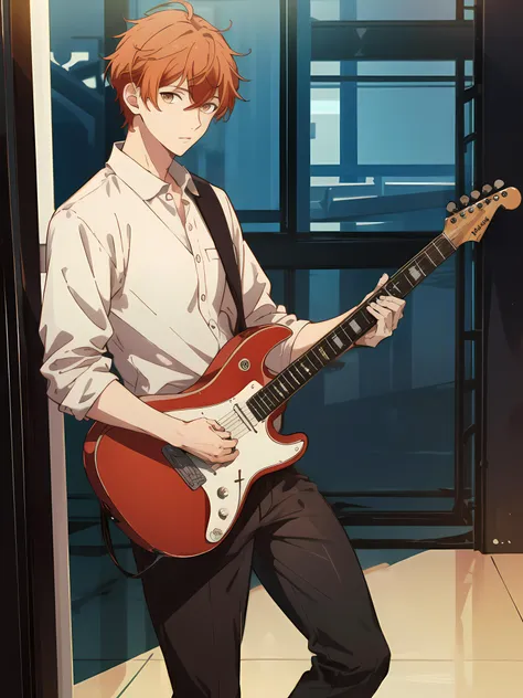 masterpiece,best quality,1boy,<lora:satou_mafuyu:0.8>,satou_mafuyu,orange hair,looking at viewer,solo focus,scene,microphone,red electric guitar,singing,